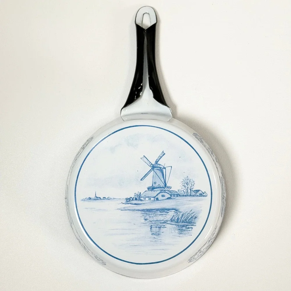 Vintage Deft Style Windmill Art Enamelware Pan Signed Old Castle‎ Cottagecore